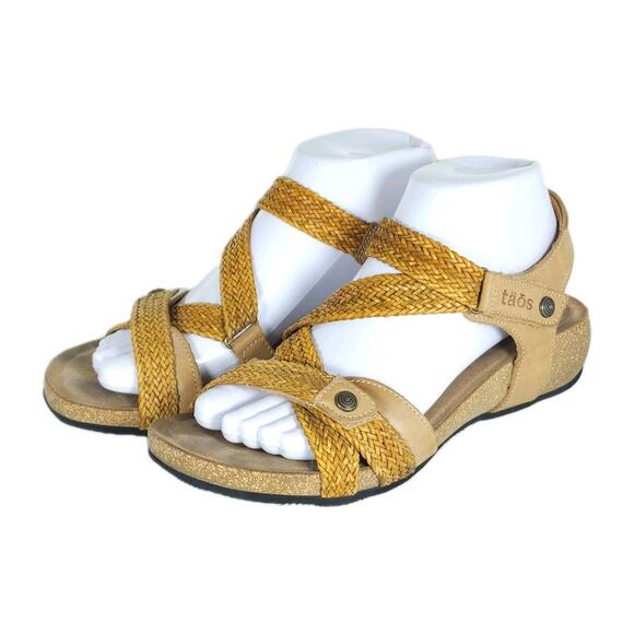 Taos Women’s Trulie US8-8,5 EU39 Tan Leather Woven Cork Wedge Strappy Sandals - Picture 1 of 16